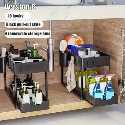 2 Stücke Küchenspüle Unterschrank Aufbewahrungsregal, Ausziehbar, mit 10 Haken und 4 beweglichen Aufbewahrungskörben, multifunktionales Aufbewahrungsregal, zum Organisieren unter der Arbeitsplatte, geeignet für Küche, Bad, Schlafzimmer usw.