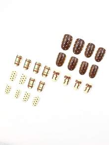 24 juegos de uñas artificiales ovaladas, diseños de lazos de color crema amarillento y café otoño-invierno, lunares, puntos redondos, cuadrícula a cuadros. Uñas artificiales acrílicas para arte de uñas, adecuadas para citas de chicas, uso diario, fiestas, como regalos para novias, etc. Realza tu belleza.