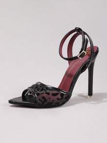 Giày sandal cao gót màu đen phối ren, kiểu dáng thanh lịch, gợi cảm, mũi nhọn, quai ngang mắt cá chân, hở mũi, thích hợp cho trang phục mùa xuân hè. - màu đen - Xem 15