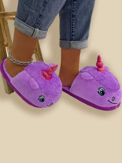 2026 Nuevos Pantuflas de Algodón con Dibujos Animados para Otoño/Invierno, Regalo de Halloween y Navidad para Mujeres, Pantuflas de Felpa Suaves, Cómodas, Ligeras y Antideslizantes con Suela Gruesa para Fiestas en Casa, Zapatos de Invierno Morados con Bordado de Ojitos y Caballito