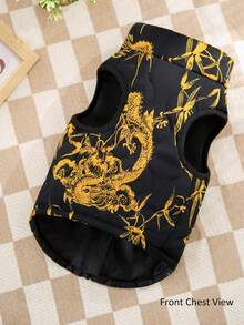 1pc Black Background Golden Dragon Totem Print Gourd Quilted Cotton Dog Coat With Back Zipper, Washable Pet Jacket Suitable For Large, Medium And Small Dogs, For Indoor Or Outdoor Wear