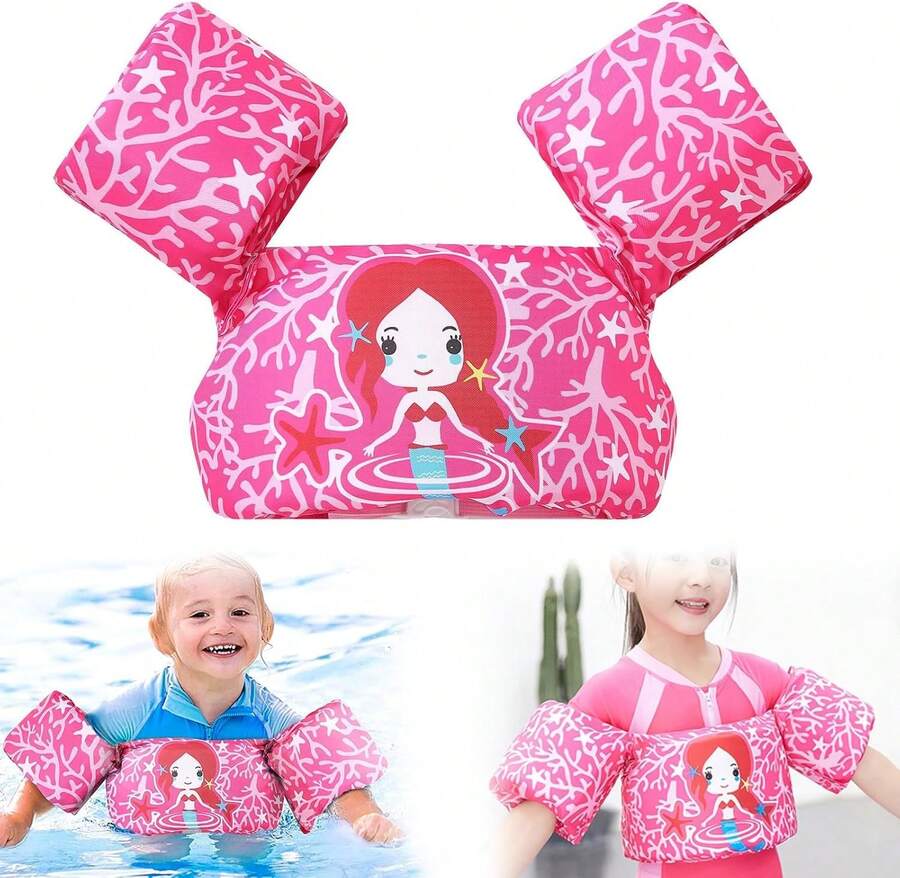 Acokt Chaleco Salvavidas de Natación para Ni?os con Mangas, Chaqueta de Natación con Correa Ajustable de Dibujos Animados, Flotadores de Piscina para Ni?os, Chaleco Salv para 30-55 Libras Ni?os - Sirena Rosa - Ver 1