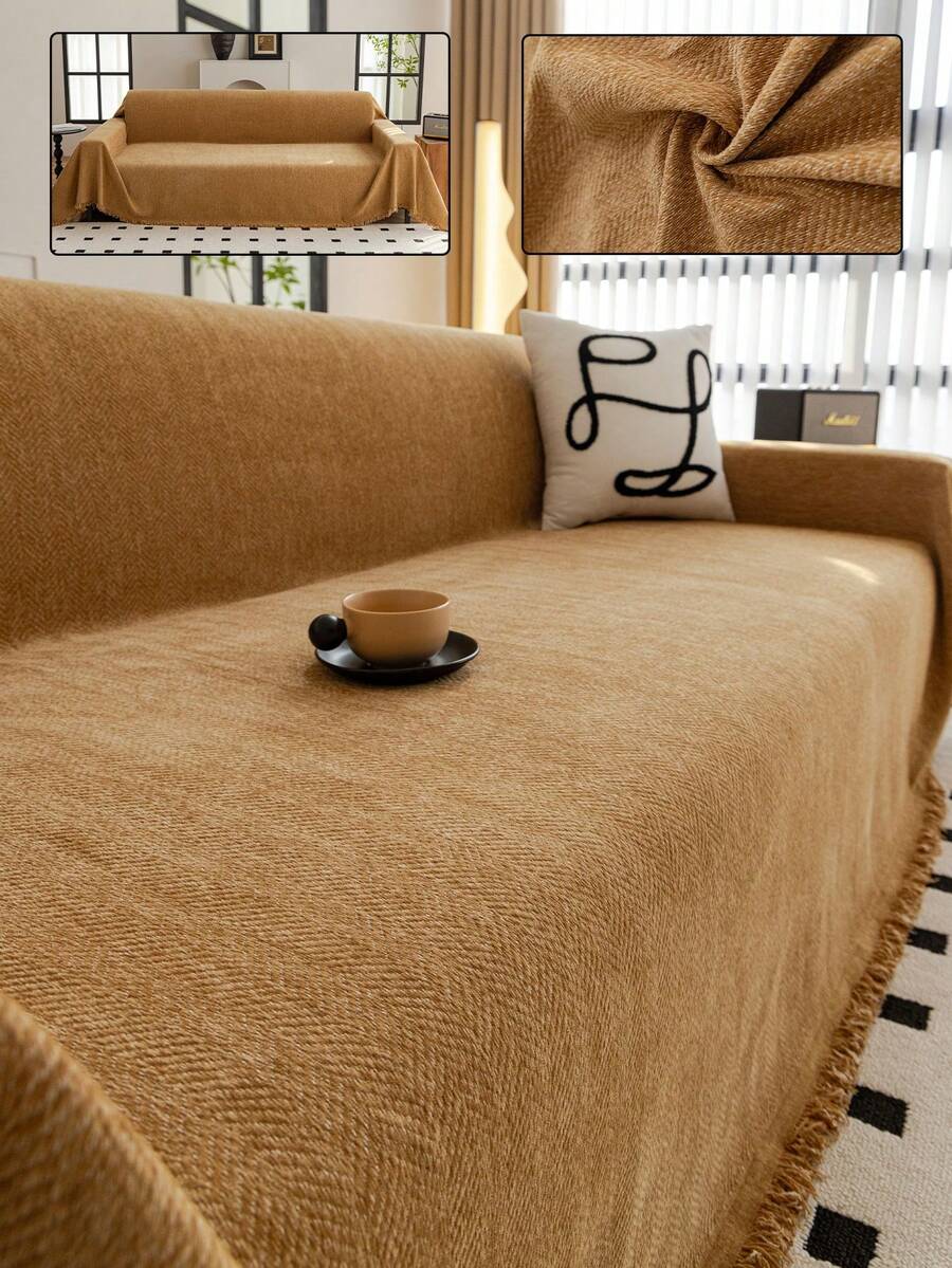 1pc Solid Color Sofa Slipcover, Sofa Blanket, Chenille Sofa Protector, Suitable For All Seasons, Bedroom And Living Room, Home Decor - Brown - View 1