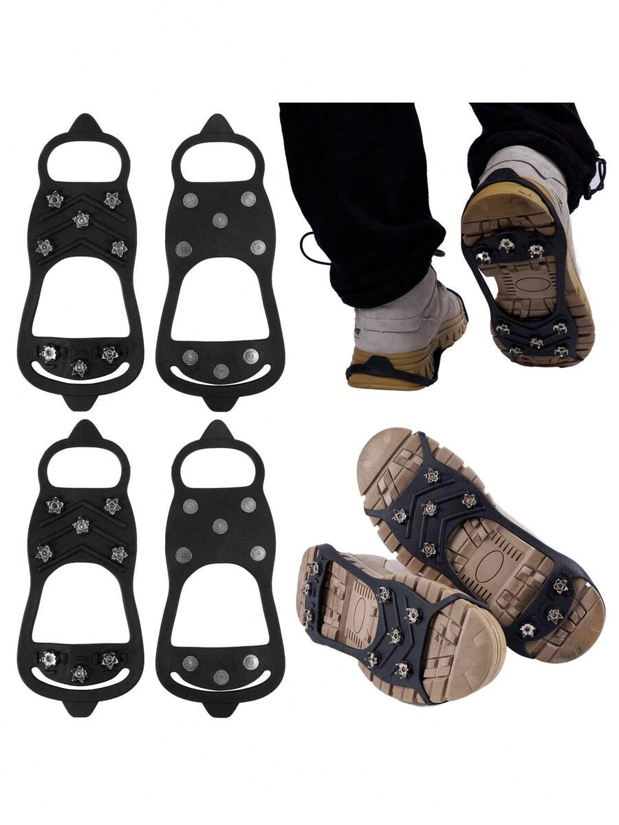 2双/4双防滑冰爪，耐用冰雪抓地力鞋/靴，带8个钢钉冰爪 - 黑色 - 查看 1