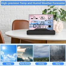 Termómetro inalámbrico Geevon para interiores/exteriores con pantalla a color - Temperatura digital, calendarios, presión barométrica y pronóstico del tiempo, funciona con batería, monitor de temperatura interior | Diseño de termómetro moderno | Body de plástico resistente, estación meteorológica