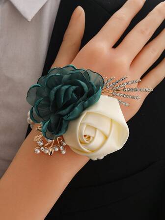 1 pieza Flor de muñeca de novia/dama de honor con camelias verde pavo real y rosas beige, corsage de flores artificiales para boda, fiesta, baile de graduación