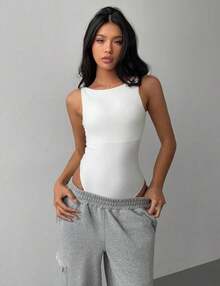 Women's Sleeveless Leotard Bodysuit U-Neck Low Neck Basic Casual Suplex Without Pad - 白色 - 查看 2