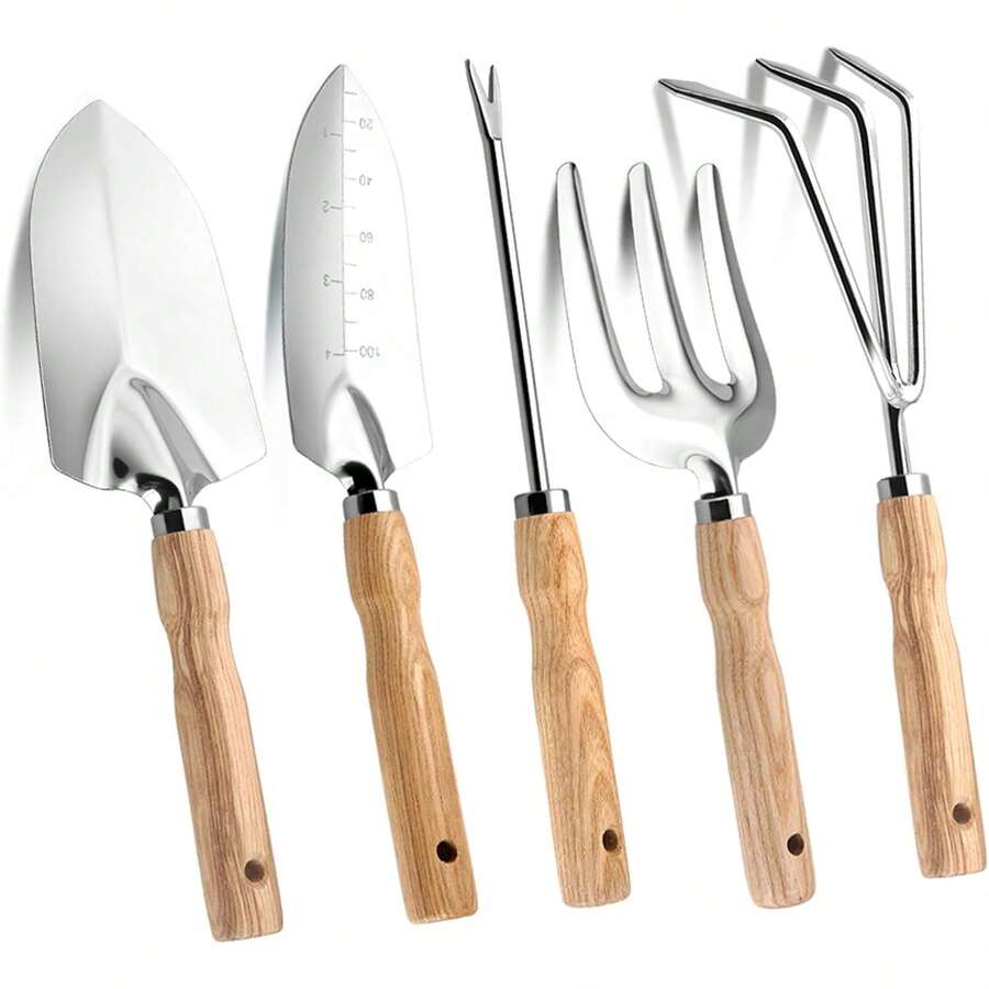 Jardineria Herramientas, Juego de 5 Herramientas para Jardín, Pala, Tenedor, Rastrillo Herramientas para Jardinería, Kit de Herramientas de Jardinería Resistentes de Acero Inoxidable - 1 - Ver 1