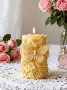 1个3D蝴蝶/花朵/叶子/蕾丝浮雕圆柱形硅胶模具 - 适用于DIY蜡烛/树脂/混凝土/水泥/石膏工艺品，可重复使用的硅胶材质，是手工装饰品和家居装饰的理想之选