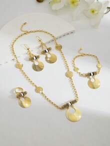 Mgyi Gold-Colored Copper Fashionable And High-End Luxury Retro Jewelry Set For Women,18K Gold Plated Elegant Luxury Square Design Necklace, Earrings, Bracelet, Ring For Women, Suitable For Nigeria, Dubai, Middle East, Saudi Arabia Bridal Wedding, Daily Wear, Wedding Anniversary Gift, Halloween Gift For Friends