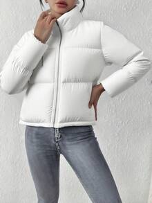 Women's Short Stand Collar Padded Coat, Minimalist Design, Fluffy Texture, Neat Tailoring, Puffy Padded Coat - White - View 6