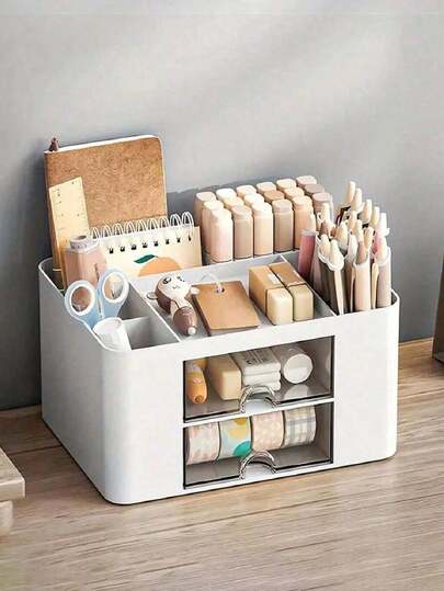 1 件化妆品收纳盒，带抽屉的桌面收纳盒，多格大容量化妆品展示盒，化妆刷架，适用于存放口红、珠宝、美甲、护肤品、浴室梳妆台收纳盒、梳妆台装饰、文具盒、返校用品、节日礼物、圣诞礼物