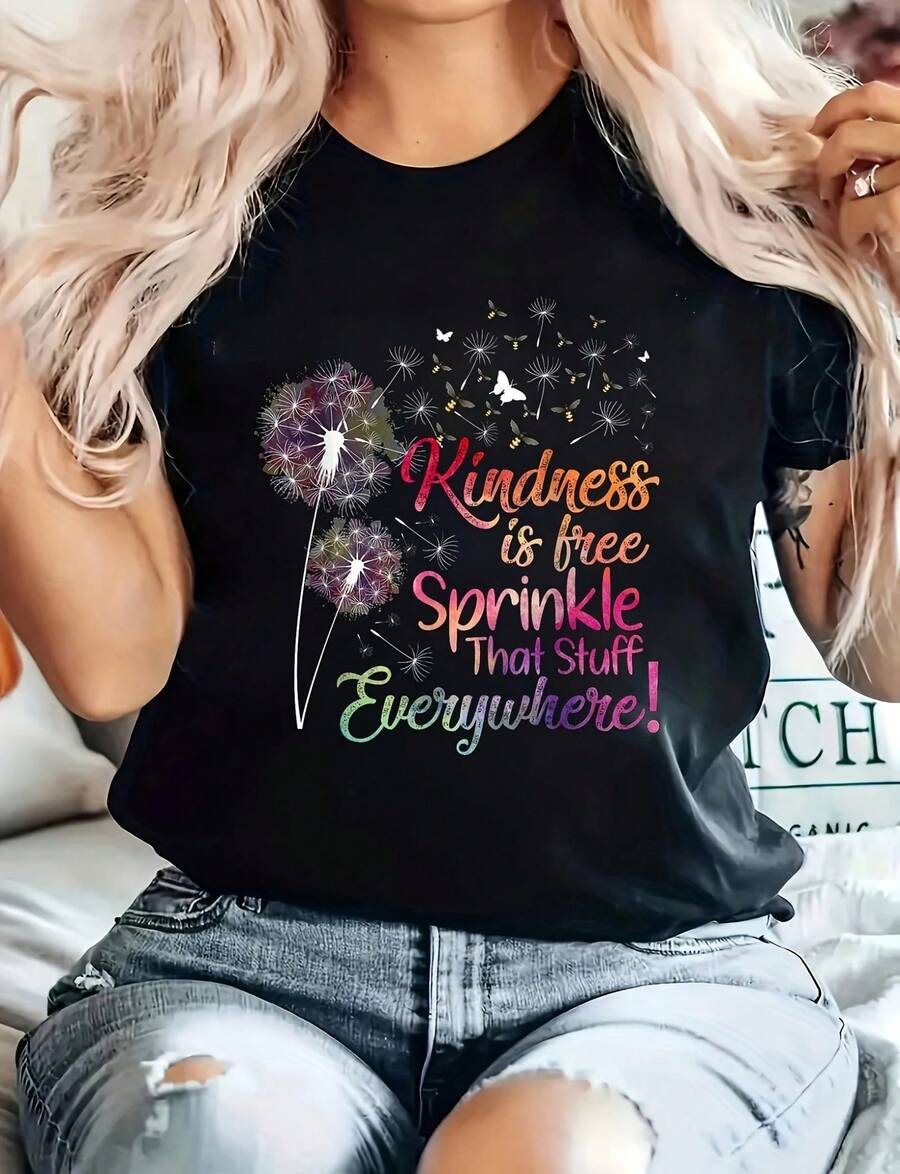Camiseta "La bondad es gratis, esparce eso por todas partes" con diente de león, 100% algodón, transpirable y ajuste cómodo, cuello redondo de manga corta para todas las estaciones, camiseta de alta calidad de 220g de algodón puro con impresión minimalista, tops de disfraces de Halloween para mujeres - Negro - Ver 1