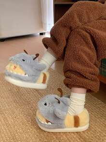 Women's Casual Indoor Slippers, Grey & Yellow Shark & Bee Design, Non-Slip, Warm, Thick Soft Bottom, Suitable For Spring, Autumn & Winter - Grey - View 7