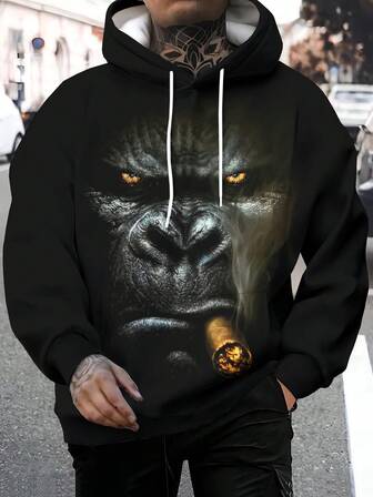 男士 3D 印花时尚新颖图案连帽长袖运动衫，秋冬男士套头连帽衫，带抽绳和口袋