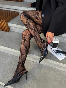 1 Pair Plus Size Women's Fishnet Tights, French Vintage Rose Lace Jacquard Stockings, Sexy Elegant Punk Style Fishnet Pantyhose, Suitable For Parties, Galas, And Formal Events Christmas Gift - Black - View 3