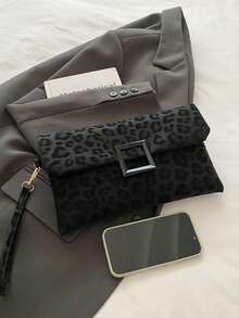 女士手拿包，时尚豹纹小方包，翻盖手提包 - 黑色 - 查看 5