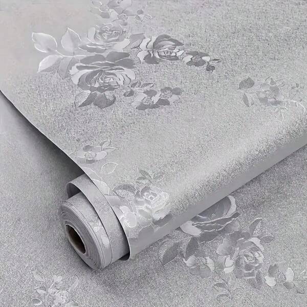 1 Roll Rose Pattern Self-Adhesive Wallpaper, Silver Pearlescent Color, Easy To Peel And Stick, Waterproof And Removable, Suitable For Living Room, Kitchen, Bedroom, Dorm, Furniture Renewal, Aesthetic Wallpaper