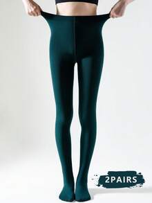 1 Pair Women's Olive Green Fleece Tights, Elastic Figure-Hugging Soft Brushed Tights For Spring & Autumn, Cozy - Dark Green - View 13