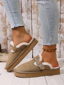 Plus Size Furry Slippers For Women, Thick Sole Snow Slip-On Closed Toe Fluffy Slides For Autumn/Winter - Khaki - View 6