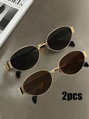 2 Pares de Gafas de Moda con Marco Ovalado Vintage Bohemio y Metálico, Efecto Bicolor, Estilo Boho para el Verano, Playa, Vacaciones, Exterior, Viajes. Montura Ovalada Vintage para Looks de Salida y Vuelta al Cole
