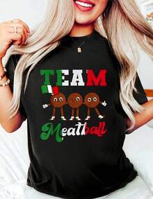 Camiseta divertida 100% algodón negro para mujeres, camiseta gráfica con texto "Team Meatball Italian Food Lover" para amantes de la comida italiana, cuello redondo, manga corta, tops casuales de alta calidad de 220g de algodón puro con impresión minimalista, tops de disfraces de Halloween para mujeres - Negro - Ver 1