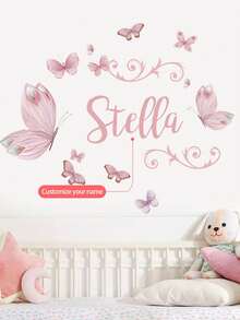 1 件 120x30 厘米/47.2x11.8 英寸定制蝴蝶名字墙贴 - 花卉图案，个性化名字 - 儿童房或幼儿园装饰，适合返校 - 彩色 - 查看 4