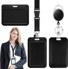 Porta Gafete, Porta Credencial Gafete con Cordón, Porta Gafete de Retráctil, Mosquetón Retráctil y Correa de Cordón Desmontable, Para Tarjetas de Empleado(Negro2-ABS) - Negro2-ABS - Ver 1