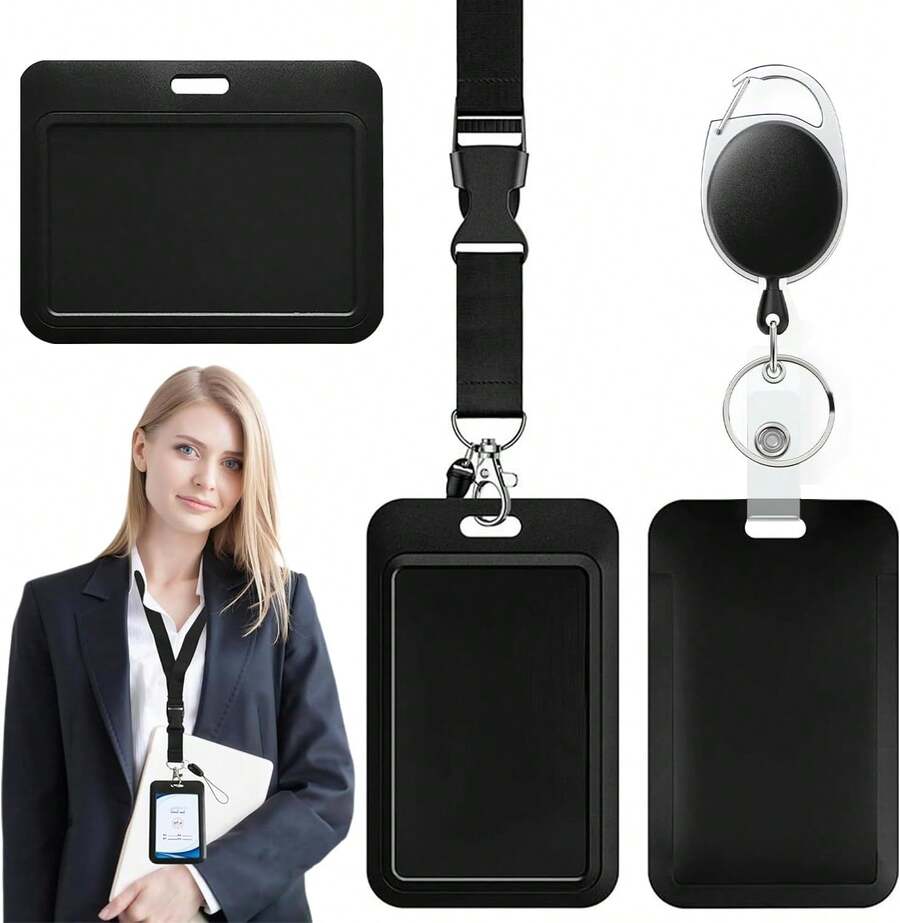 Porta Gafete, Porta Credencial Gafete con Cordón, Porta Gafete de Retráctil, Mosquetón Retráctil y Correa de Cordón Desmontable, Para Tarjetas de Empleado(Negro2-ABS) - Negro2-ABS - Ver 1