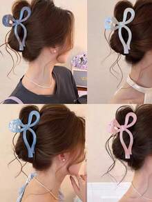 1pc Women's Acrylic Pearl Bow Hair Claw Clip, Large Size, Elegant Ponytail Holder, Suitable For Daily Use, Beach, Travel, Party, Fashion Accessory Hair Clip Fashion Hair Clutch Winter Hair Accessories