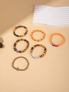 6-Piece/Set Halloween Themed Party Retro Ghost Pumpkin Polymer Clay Bead Bracelet Set,Bracelets For Women Set,Bracelet Stack,Halloween Decor Jewelry,Halloween Stuff,Vintage Western Jewelry,Suitable For Ladies To Wear On Halloween