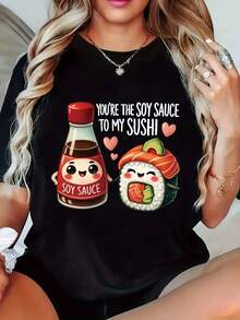 Women's Casual Short Sleeve T-Shirt - Cute Sushi & Soy Sauce Graphic Print, Stretchy , Regular Fit Round Neck Top For Casual Attire, Machine Washable All-Season Comfort, Fun Mealtime App - màu đen - Xem 1