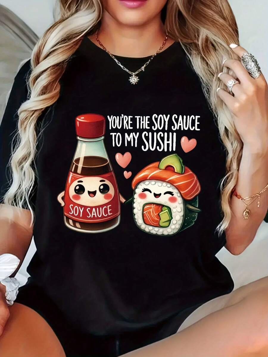 Women's Casual Short Sleeve T-Shirt - Cute Sushi & Soy Sauce Graphic Print, Stretchy , Regular Fit Round Neck Top For Casual Attire, Machine Washable All-Season Comfort, Fun Mealtime App - màu đen - Xem 1