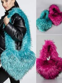 2 件蓬松冬季女士手提包，心形仿浣熊毛单肩包，可爱心形手提包