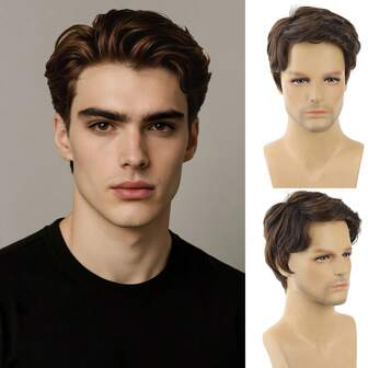 男士短款黑色假发帅气男士日常服装合成全假发自然黑发补发假发