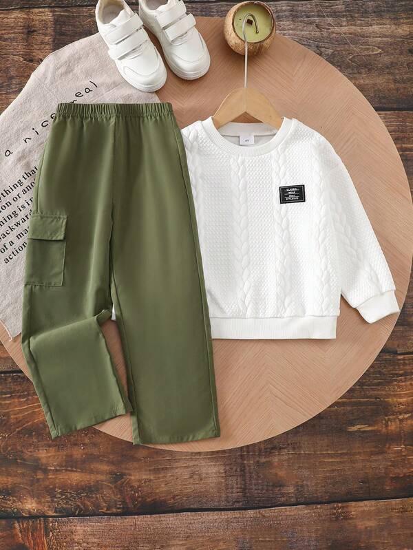 Boys' Outdoor Casual Sports Stylish Minimalist Party & Holiday Autumn New Arrival Chest Logo White Crew Neck Long Sleeve Sweatshirt With Military Green Cargo Pants