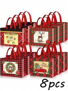 4/8pcs Large Christmas Party Bags, Reusable Red & Black Plaid Non-Woven Fabric Bags, Gift Bags With Handles, Christmas Party Supplies, 12.8*9.8*6.7 Inches