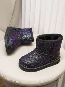 1 Pair Kids Snow Boots, New Winter Model, Girls & Boys Sequin Thick Shoes, Student Soft Bottom Fleece Boots, Warm Ankle Boots - Black - View 2