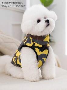 1pc Brown & Yellow Diagonal Geometric Camouflage Print Quilted Cotton Dog Coat With Back Zipper, Washable Pet Jacket Suitable For Large, Medium And Small Dogs, For Indoor Or Outdoor Wear