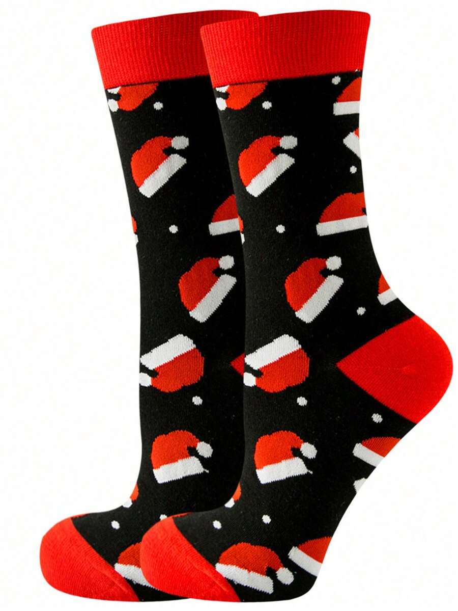 1 Đôi tất dài đến bắp chân in họa tiết mũ Giáng sinh cho nam, mùa Thu/Đông - Nhiều màu - Xem 1