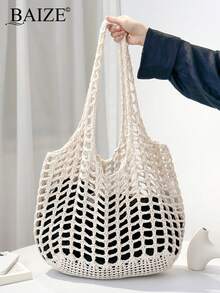 ENBEI BAIZE Summer Lightweight Casual Hollow-Out Beach Bag, White Woven Tote Handbag, Large Capacity Handbag, Suitable For Travel, Outdoor Activities And School. Travel Essential, Holiday Essential, Multifunctional Kitchen Storage Lunch Bag, Suitable For Beach Vacation Or Easy Carrying, Elegant Wedding Season - Beige - View 13