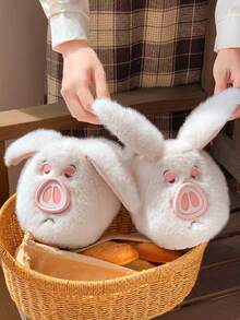 1 par de pantuflas planas con diseño de cerdo de dibujos animados, antideslizantes y suaves, adecuadas para otoño/invierno, unisex para adolescentes y adultos