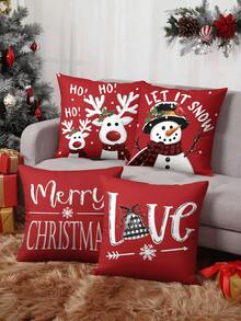 4件/1件 紅色聖誕抱枕套－馴鹿、雪人與「Merry Christmas」/「Love」設計，18x18英吋 | 拉鍊式封口 | 明亮色彩，聚酯纖維材質 | 適用於客廳、房間裝飾、沙發與臥室（不含枕芯）完美適合聖誕裝飾、聖誕派對、居家聖誕佈置 - 彩色 - 查看 6