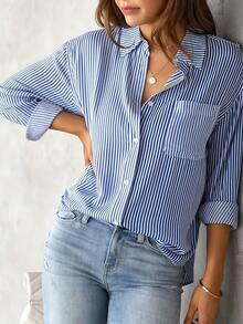Women's Casual Striped Button-Up Shirt - Long Sleeve, Purple & White Vertical Stripes, Polyester, Machine Washable, Spring/Summer Style, Versatile Clothing | Relaxed Fit Shirt | Smooth Texture, Ladies T Shirts Top Womenswear - 藍色 - 查看 6