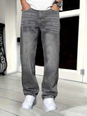 青少年男孩休闲宽松直筒牛仔裤，带口袋，深灰色