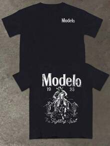 1pc Modelo Camiseta de Hombre con Estampado Gráfico 100% Algodón, Estilo Deportivo Casual, Estilo de Calle a la Moda, Adecuada para Viajes y Ropa Deportiva - Negro - Ver 3