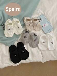 5pairs Women Sweet Bowknot Simple Boat Socks Invisible Socks - Butterfly Embroidery - View 2