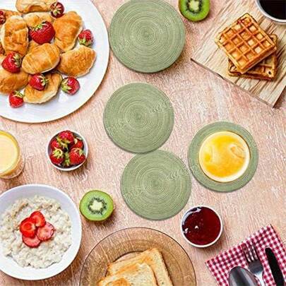 6 peças de porta-copos redondos de madeira - jogos americanos circulares trançados verdes, jogos americanos planos 2D para mesa de centro, decoração para casa, porta-copos de vidro para bar de apartamento, porta-copos de cerveja, presente, tapetes de jantar para inauguração de casa, 3,94 polegadas, planos 2D