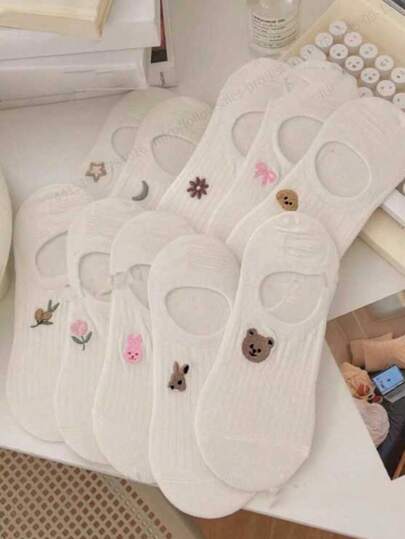 经典夏季薄款白色短袜，百搭可爱动植物刺绣隐形袜，学院风，艺术风，硅胶防滑短袜，棉袜，短袜，船袜