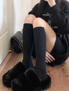 3 Pairs Solid Color Vertical Stripe Slimming Knee-High Socks, Black/White/Gray, Versatile For Spring And Autumn